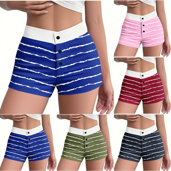 YHAJDS Pajamas for Women Shorts Striped Elastic Waist Button High Waist Sleep Shorts Bottoms