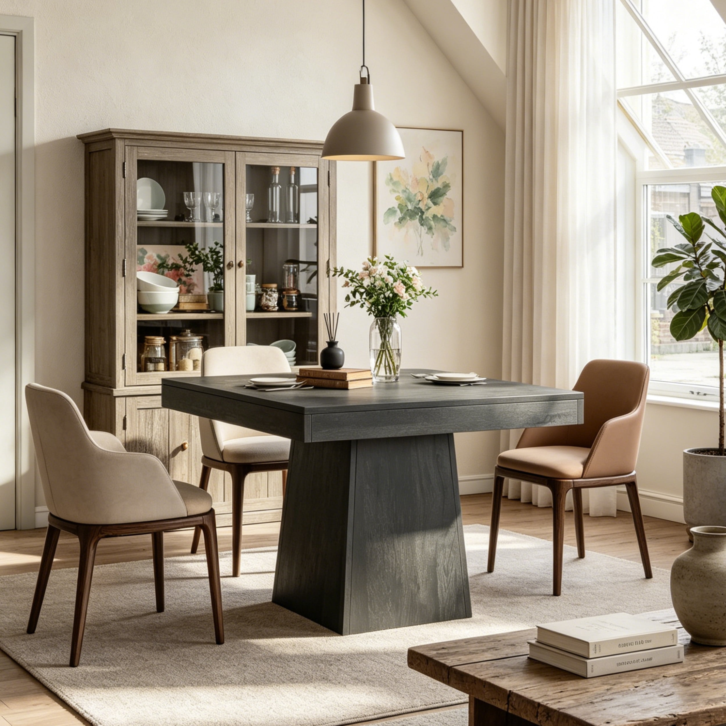 Fnova 31.5" Square Farmhouse Dining Table, Wood Coffee Table for 4 People, Modern Kitchen Table for Dining Room, Black (Chairs Not Included)