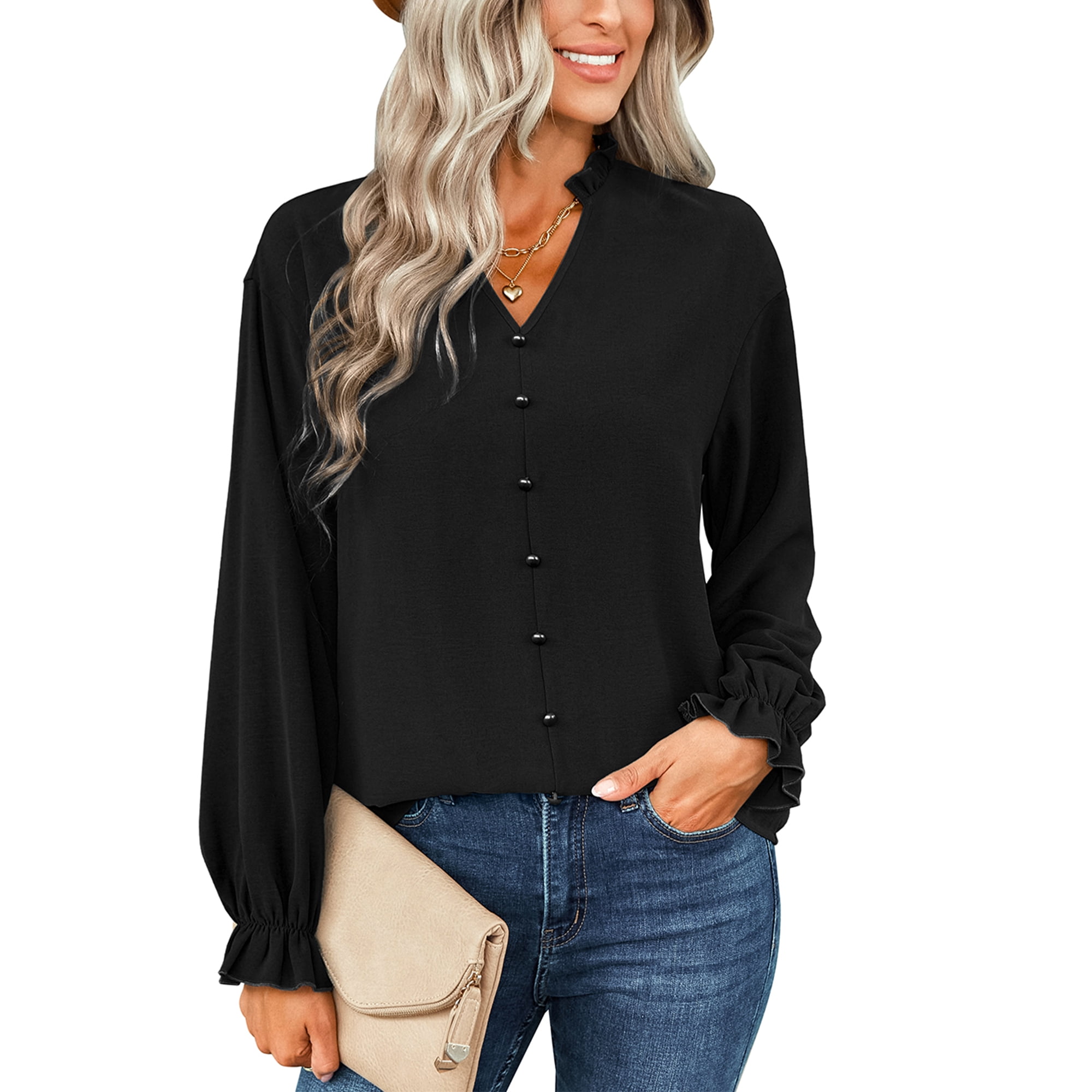 SWQZVT Women's Tops Long Sleeve Button Decoration Solid Color Shirt V ...