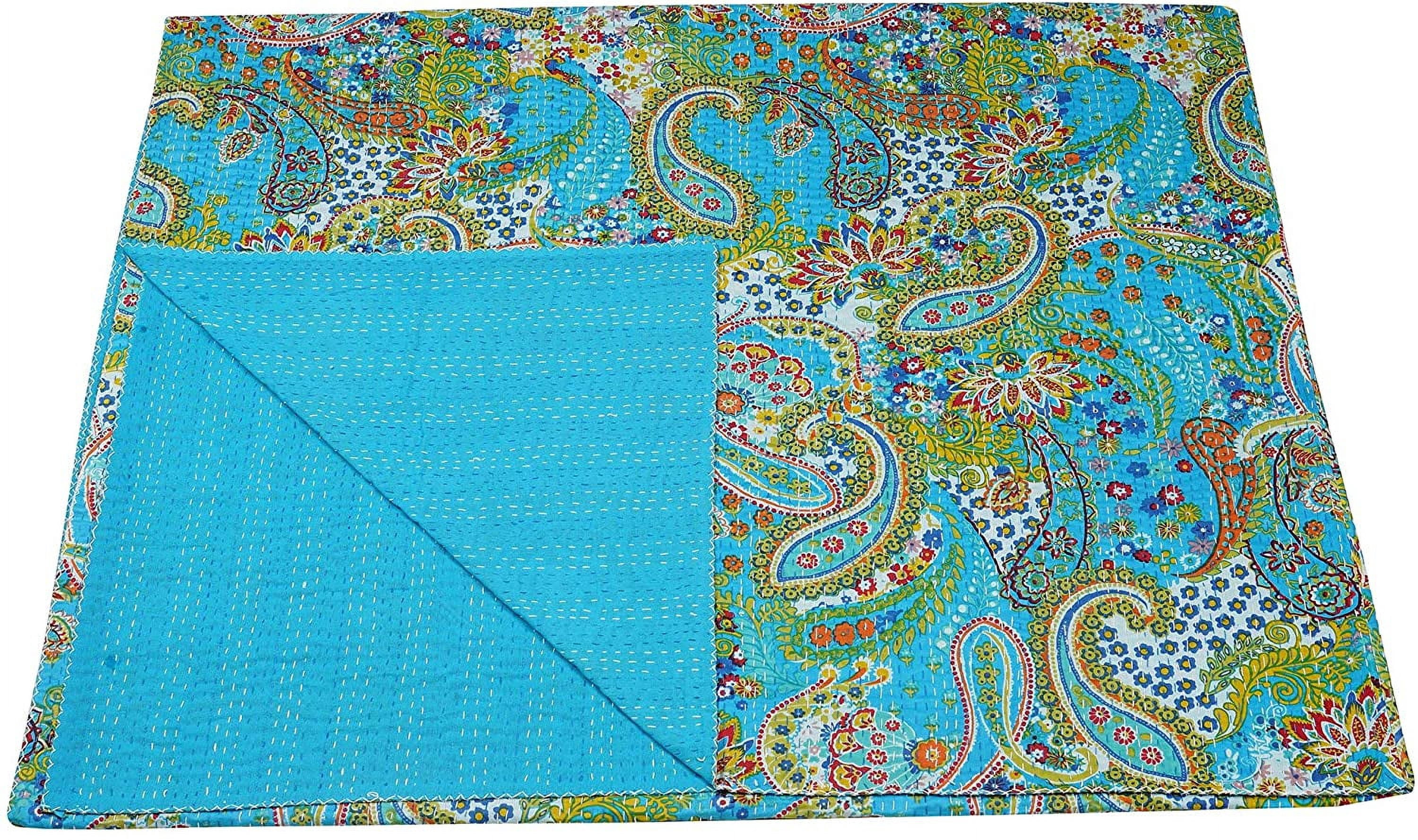 Vintage Handmade Kantha Quilt Indian Traditional Bed Cover Throw Paisley Printed Kantha Quilts (Turquies Color,King (90x108 Inch)