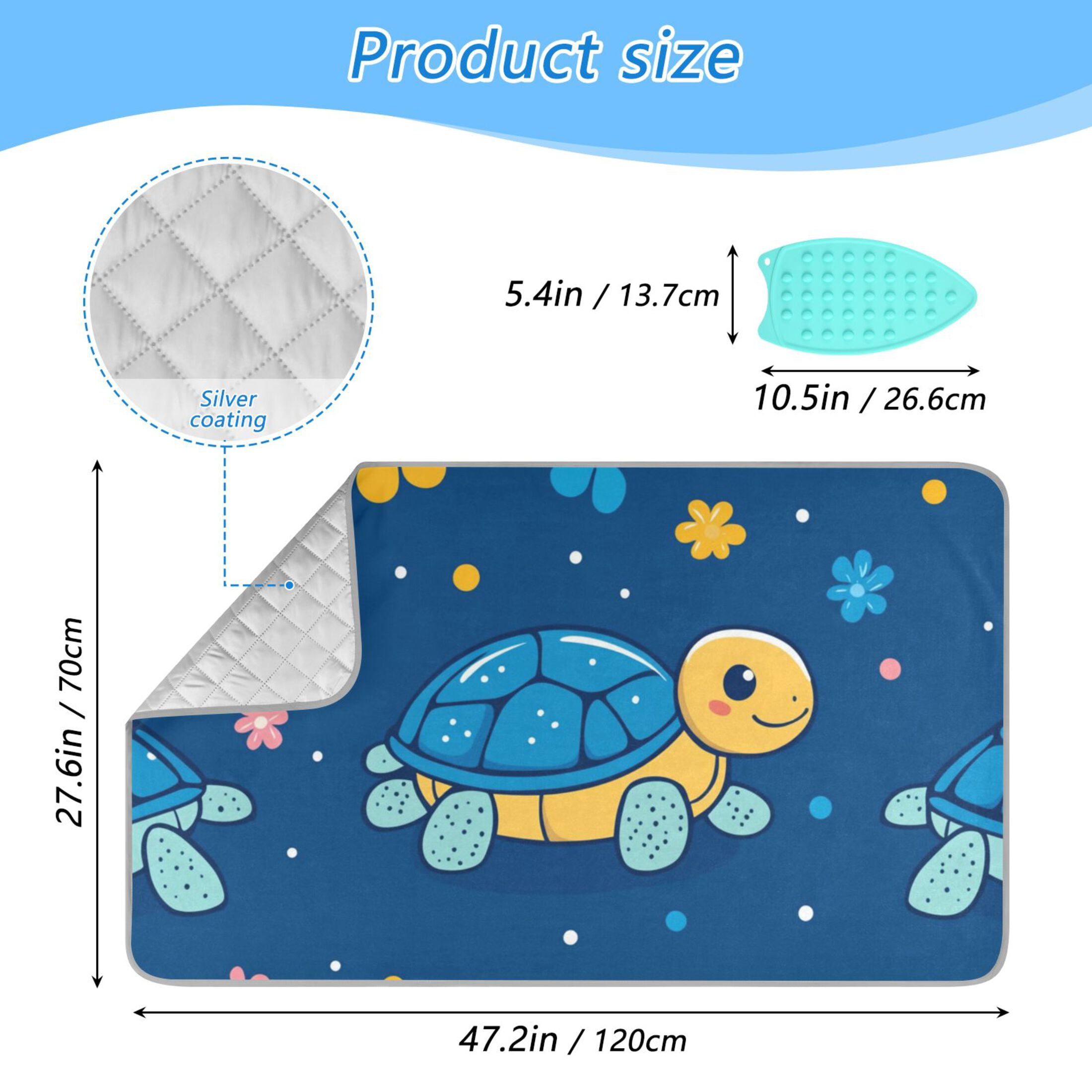 Cute Turtles Doodle Flowers Ironing Mat Blanket Portable Travel Ironing Pad Heat Resistant Pad 47.2" x 27.6”