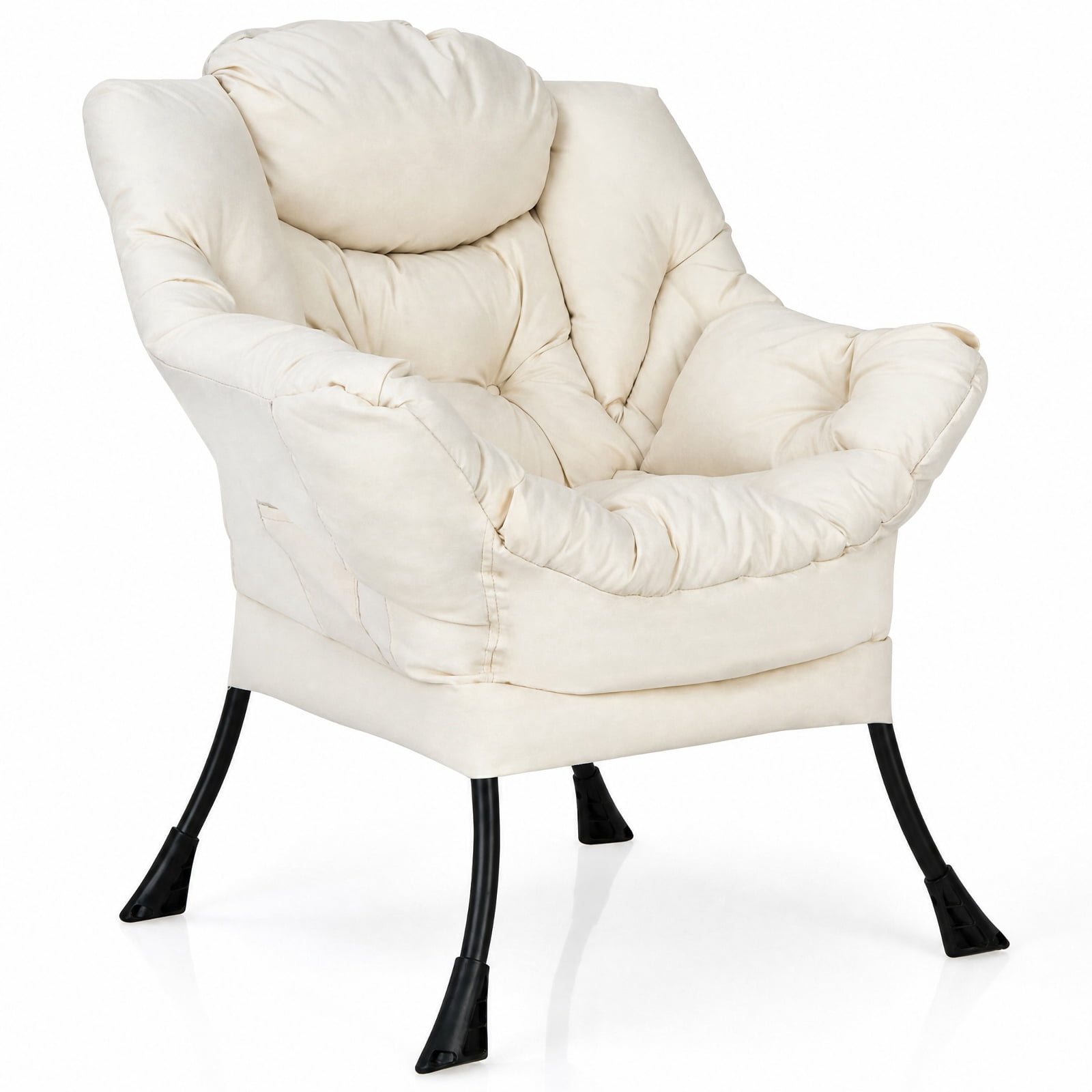 Furnibear Modern Polyester Fabric Lazy Chair with Integrated Headrest Deep Seat Side Pocket and Rust-Resistant Steel Frame for Living Room, Beige