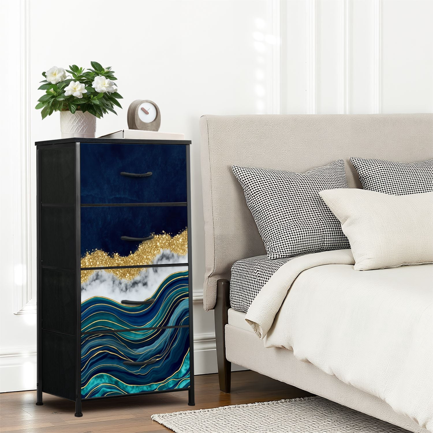 Dresser for Bedroom with 4 Storage Drawers abstract blue agate golden veins white marble fake Dressers Chest of Drawers Steel Framed Fabric Closet Organizers for Dorm Entryway