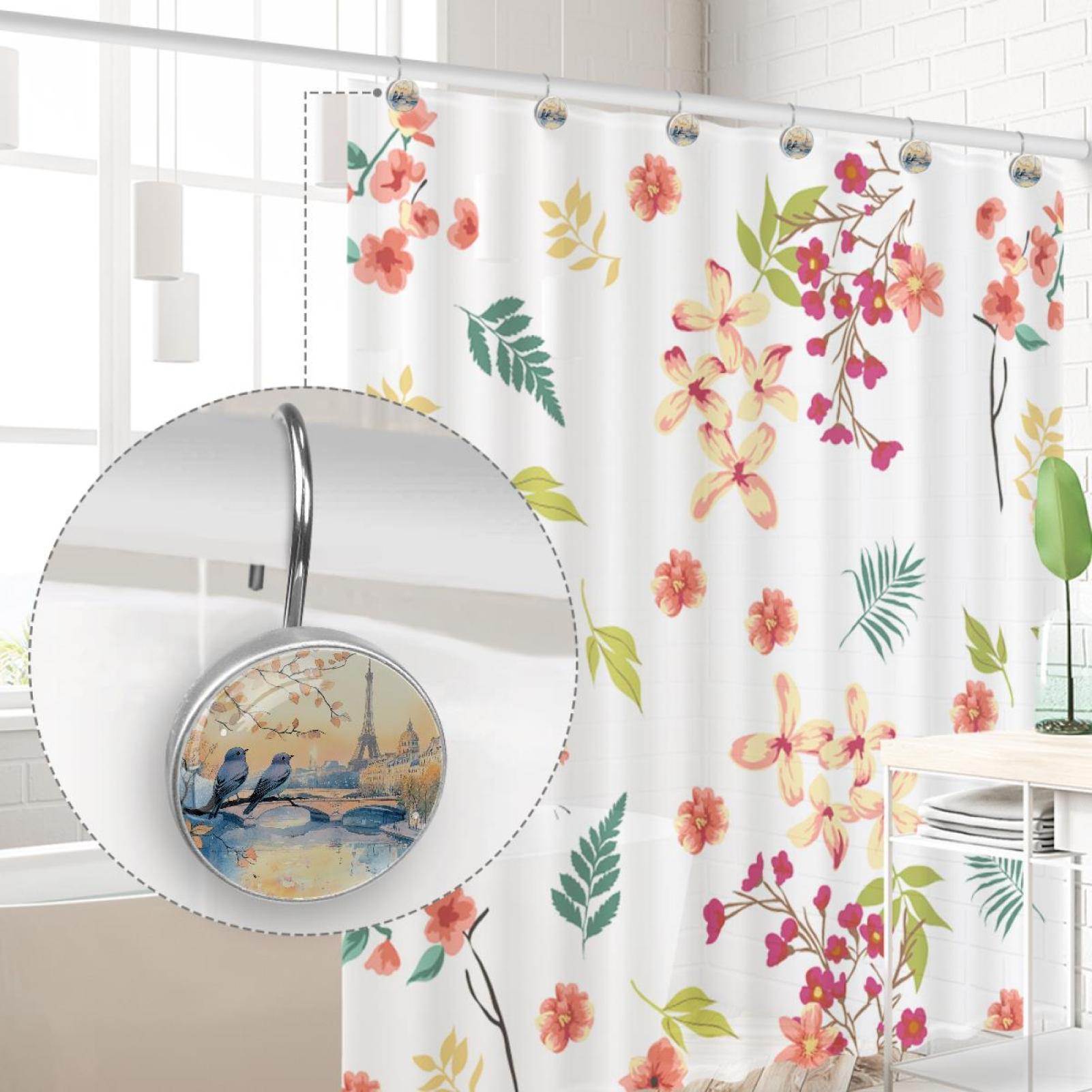 Watercolor Birds Eiffer Tower Landscape Shower Curtain Hooks Round Crystal Glass, Set of 12 Shower Curtain Rings - Shower Hooks for Curtain Shower Rings