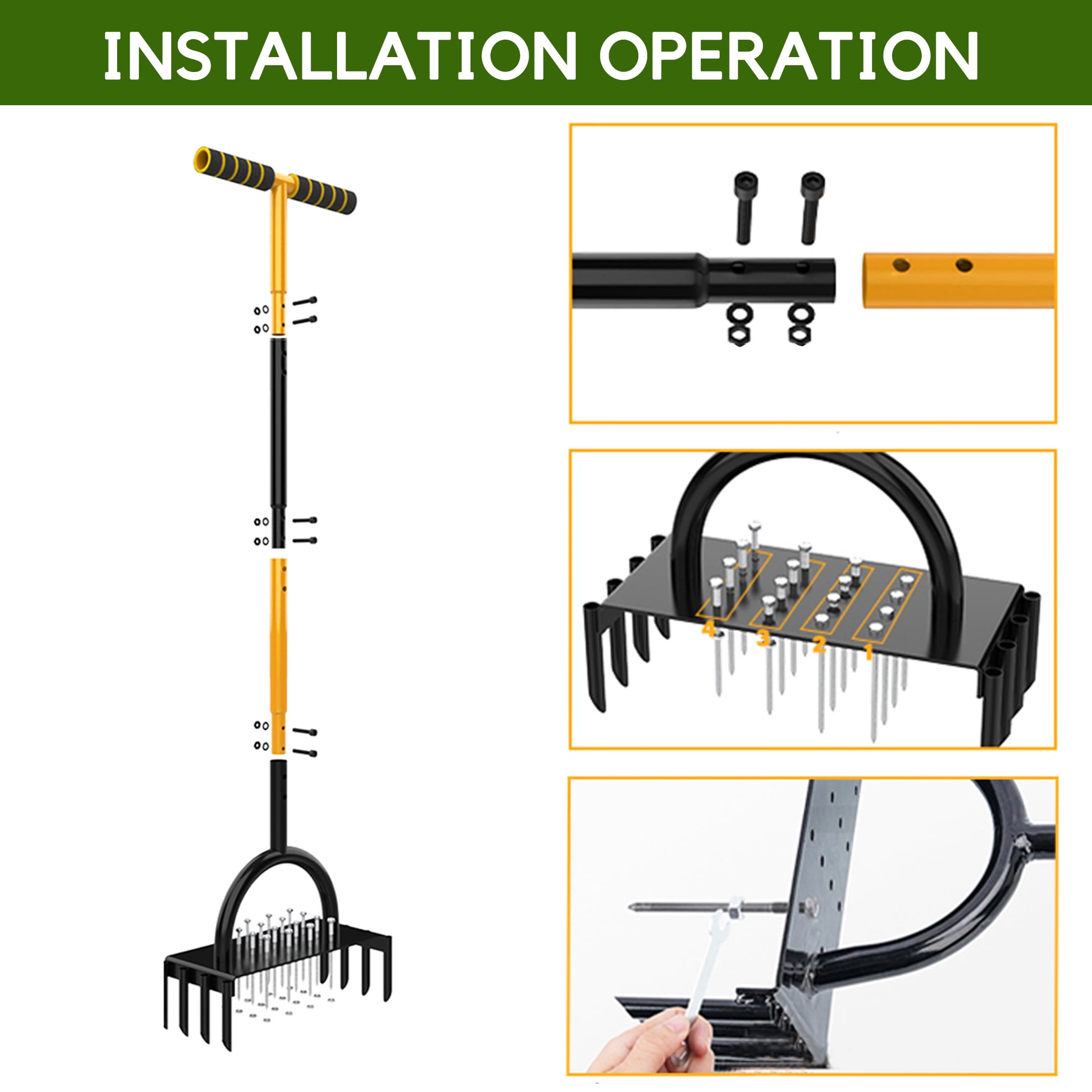 Hyindoor Lawn Aerator Tool, Manual Metal Tool Set with 16 Solid Steel Spikes, Automatic Leaf and Dirt Cleaning with Spring Base Design, Garden Tool for Yard Care（with Gloves）