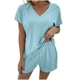thumbnail image 2 of Tbopshirt Women's 2 Piece Outfits Women's Summer Short Sleeve V-neck Tops Shorts Comfortable Homewear Two-piece Set Wide Leg Pants, 2 of 5