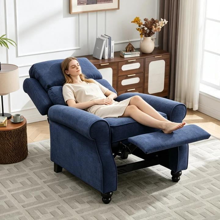 Ebello Push Back Recliner Chair – Overstuffed Textured Fabric Wingback Recliner, Adjustable Manual Reclining Sofa Chair for Living Room, Bedroom (Blue)