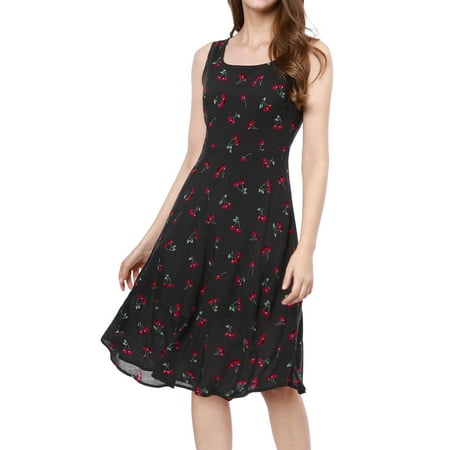 Cherry Red Dress - Women's Elegant 1950s Sleeveless Cherry Print Flare Vintage Swing Midi Dress Skirt Black XL (US 18)