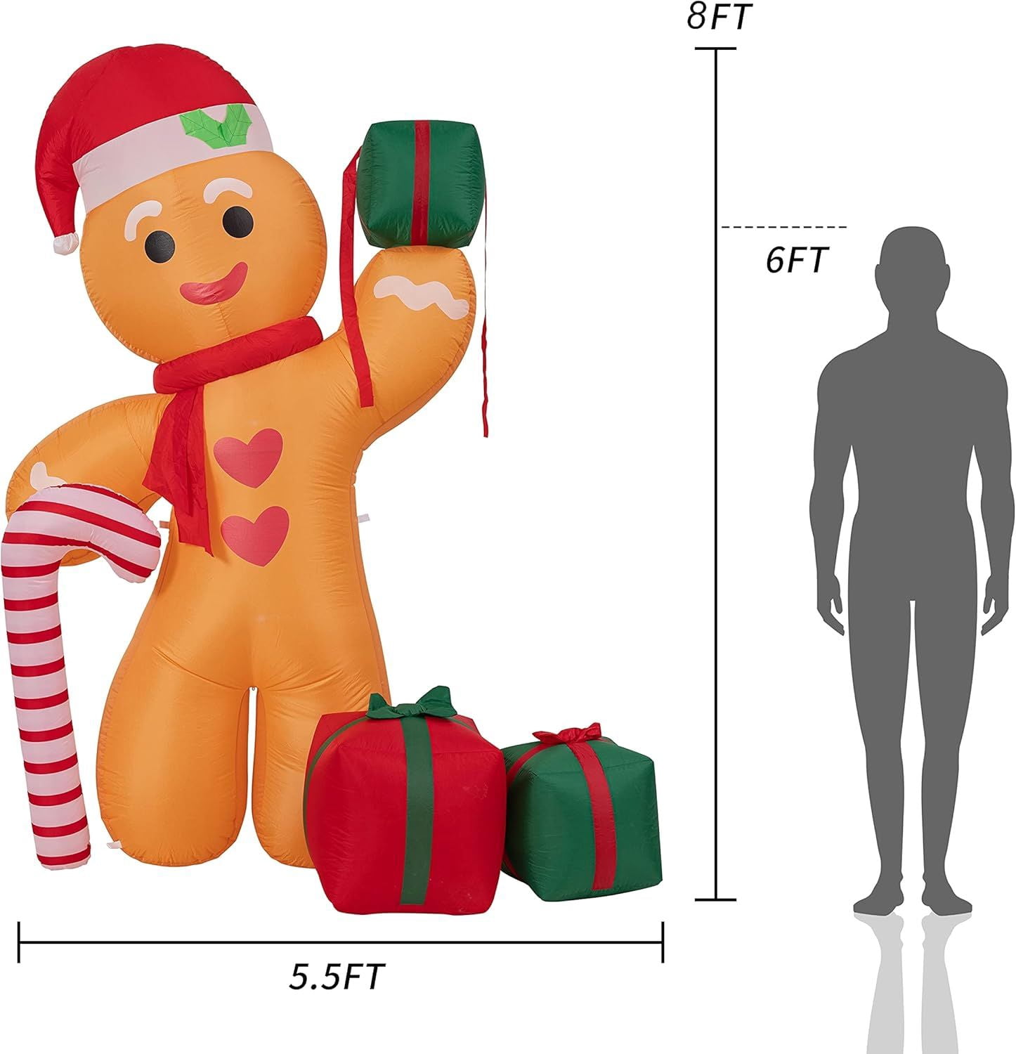 8FT Inflatable Gingerbread Man with Candy Cane and Three Gift Boxes,LED Lighted Christmas Decoration Indoor and Outdoor