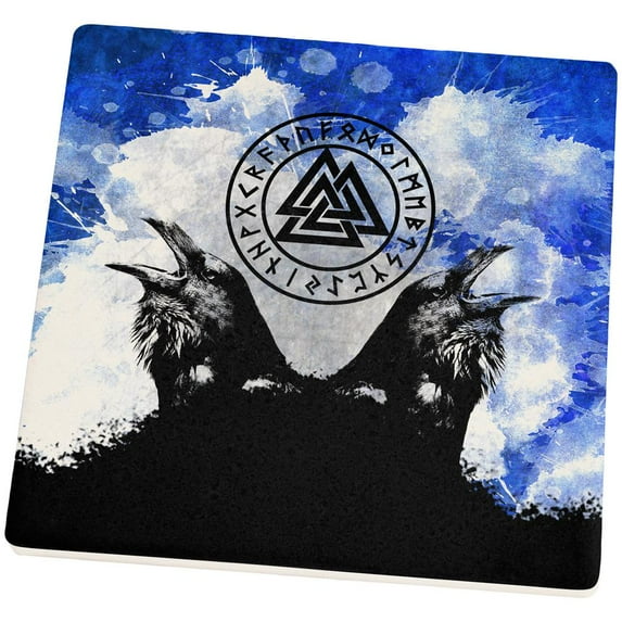 Huginn and Muninn Odin's Ravens Blue Splatter Square Sandstone Coaster
