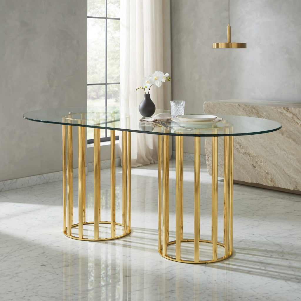 Hommoo 71-inch Oval Tempered Glass Dining Table with Double Column Base, Light Luxury Modern Design for 6-8 People, Scratch-Resistant & Easy-Clean Tabletop, Gold