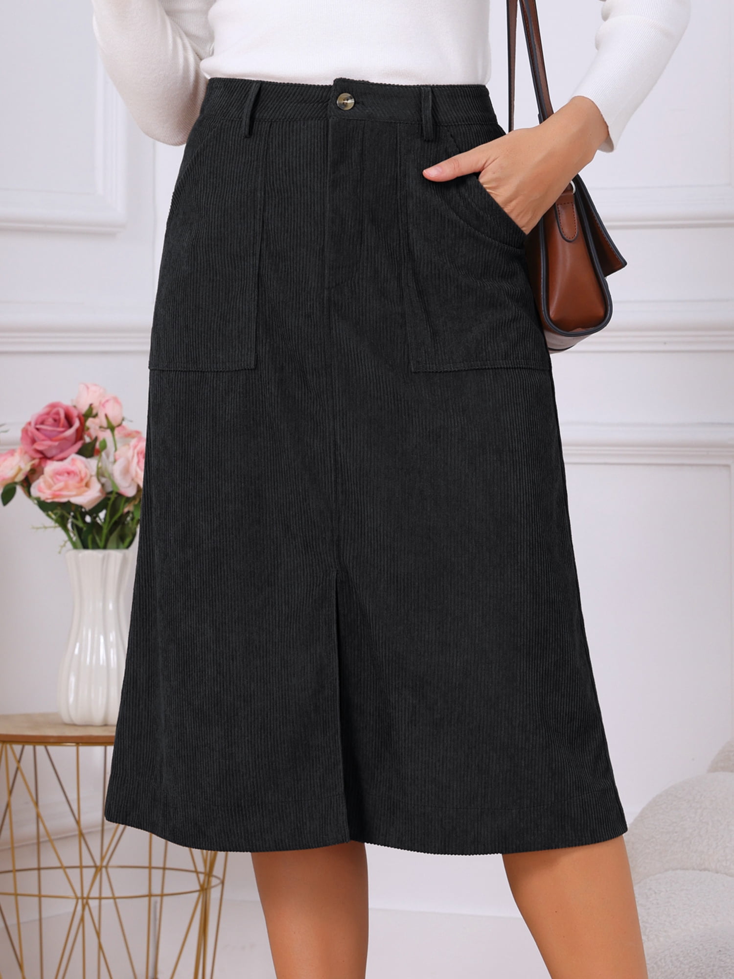 DARING DIVA Women's Corduroy Midi Skirt High Waist A-Line Skirts S Black