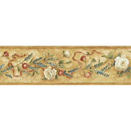 Blue Mountain Lavender and Rose Wallpaper Border, Delicate Soft Cream and Blue