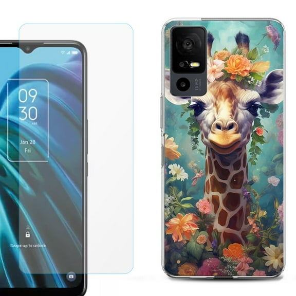 OneToughShield ® for TCL 40 XE 5G Shockproof Fashion Phone Case, with Tempered Glass Screen Protector - Giraffe Flower