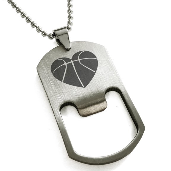 Stainless Steel Love Basketball Heart Engraved Bottle Opener Dog Tag Pendant Necklace