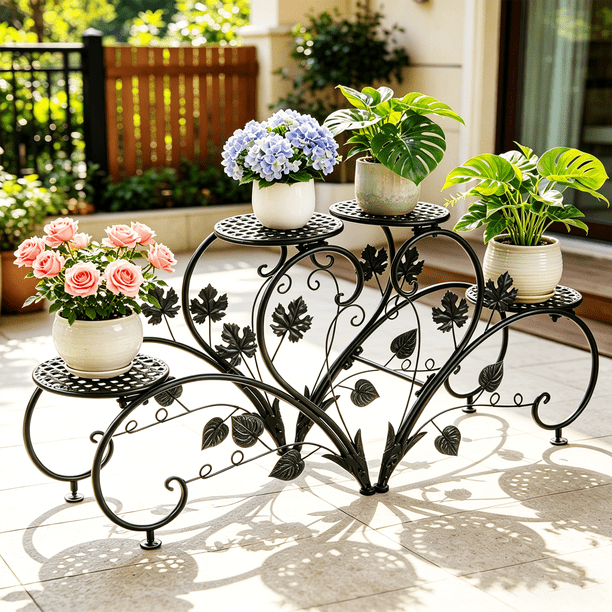Wisfor Wrought Iron Garden Porch Plant Stand, Heart Shaped 2 Set