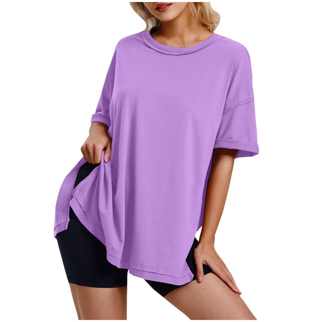 Timegard Womens Top Oversized Round Neck Short Sleeve Side Split Blouse Casual Loose Comfy Basic Tee Top