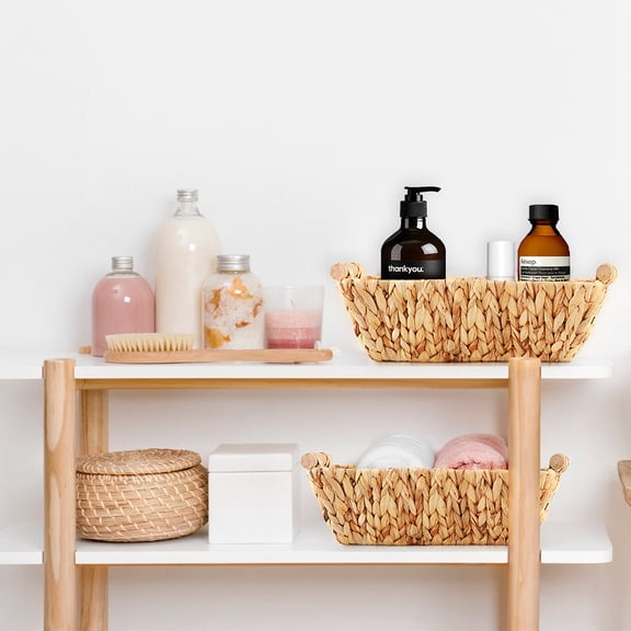 Natural Water Hyacinth Woven Storage Basket Set of 2, Rectangular Organizer Bins with Wooden Handles