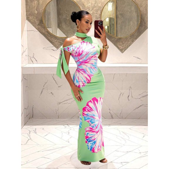 Multicolor Off Shoulder Tie-Up Floral Print Slim-Fit Maxi Dress With High Neck And Side Knot Detail