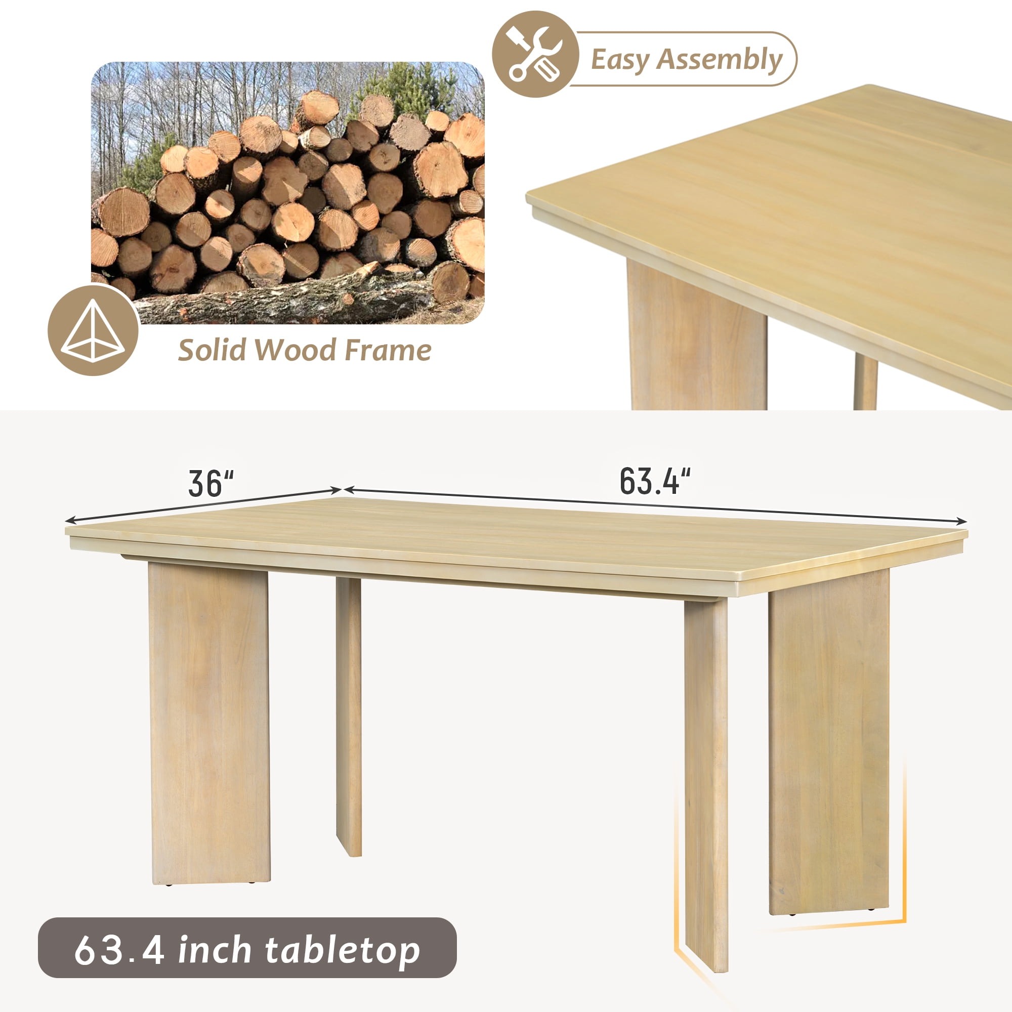 Euroco 7-Piece Dining Table Set for 6, 63.4" Wood Kitchen Table Set with Wood Frame and 6 Upholstered Dining Chairs,Kitchen Table Chairs Set for Dining Room Apartment,Natural