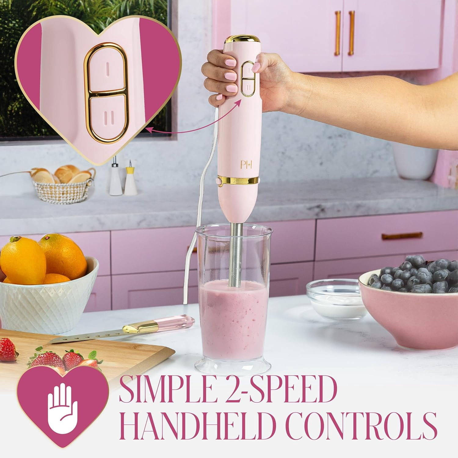 Hand Blender Set, 2-in-1 Immersion Stick Blender with Whisk & Blending Shaft, 400W High Speed, Pink with Gold Accents