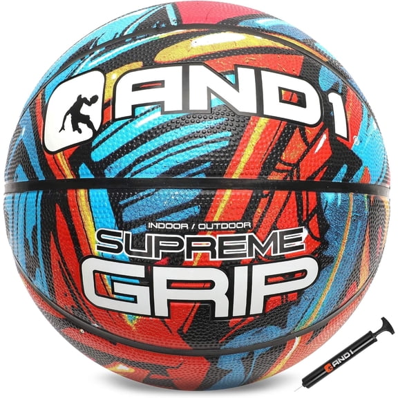 AND1 Supreme Grip Graffiti Rubber Basketball, Size 7 (29.5"), Indoor/Outdoor, Deep Channel Construction, Includes Hand Pump