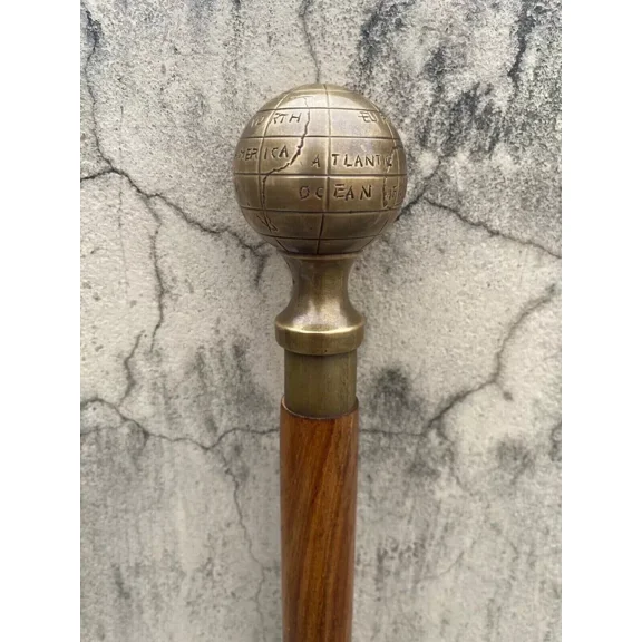 Vintage Antique Victorian Wooden Walking Stick Cane with Designer Brass Handle