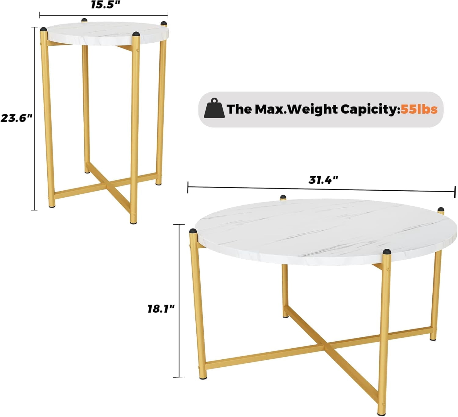 Cvortll Coffee Table Set of 3, Round Faux Marble Top with Cross Metal Frame, Modern Living Room Table for Apartment （White & Gold）