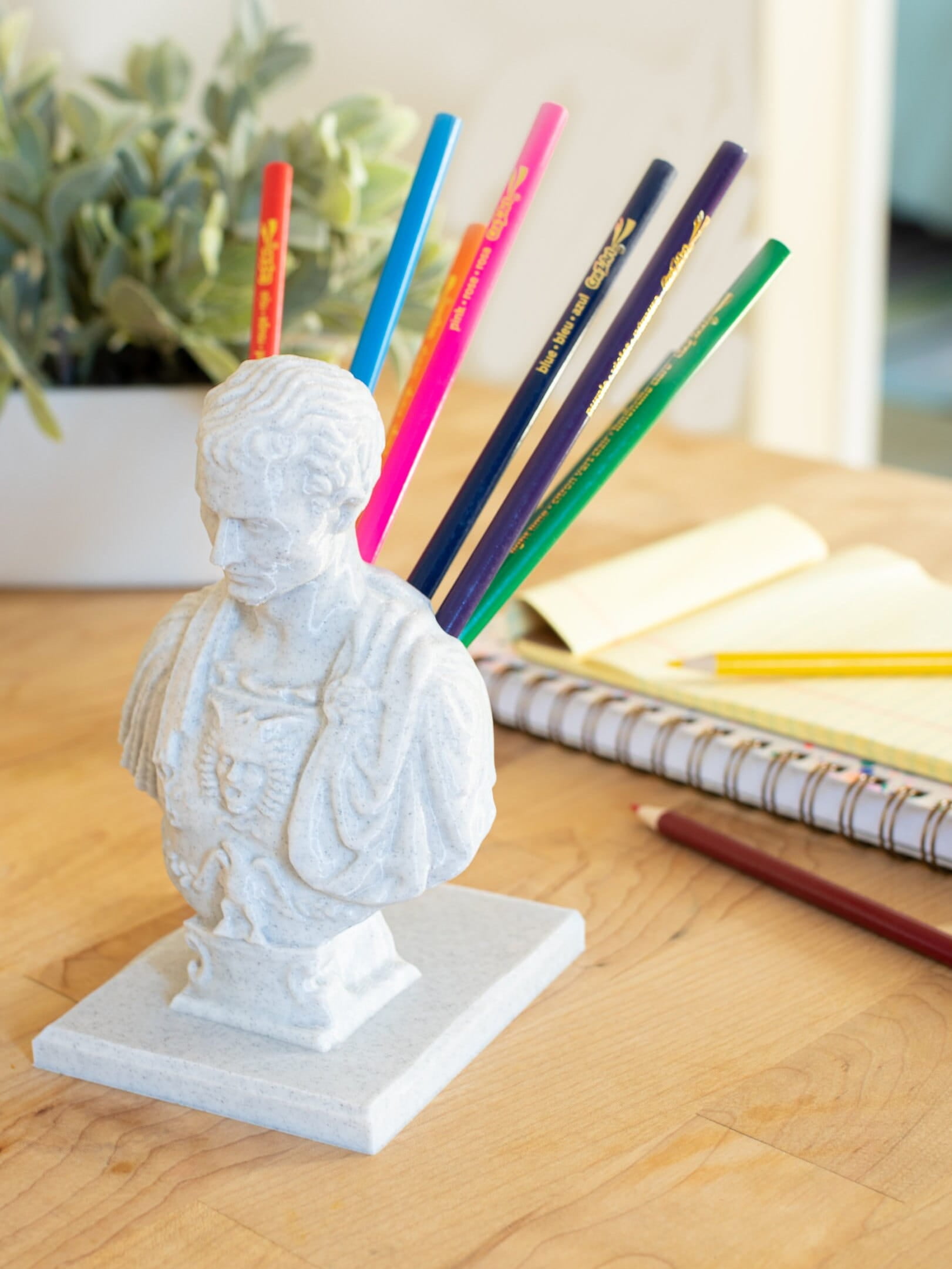 Clever Contraption Julius Caesar Pen Holder – PLA Bust Statue Desk Organizer, Multi-Compartment