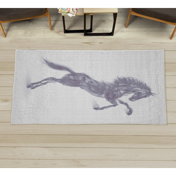 Horses Decorative Rug, Gallop Animal Motif Rearing up Blazing Devilish Moving Freely Theme, Quality Carpet for Bedroom Dorm and Living Room, 6 Sizes, Ceil Blue, by Ambesonne