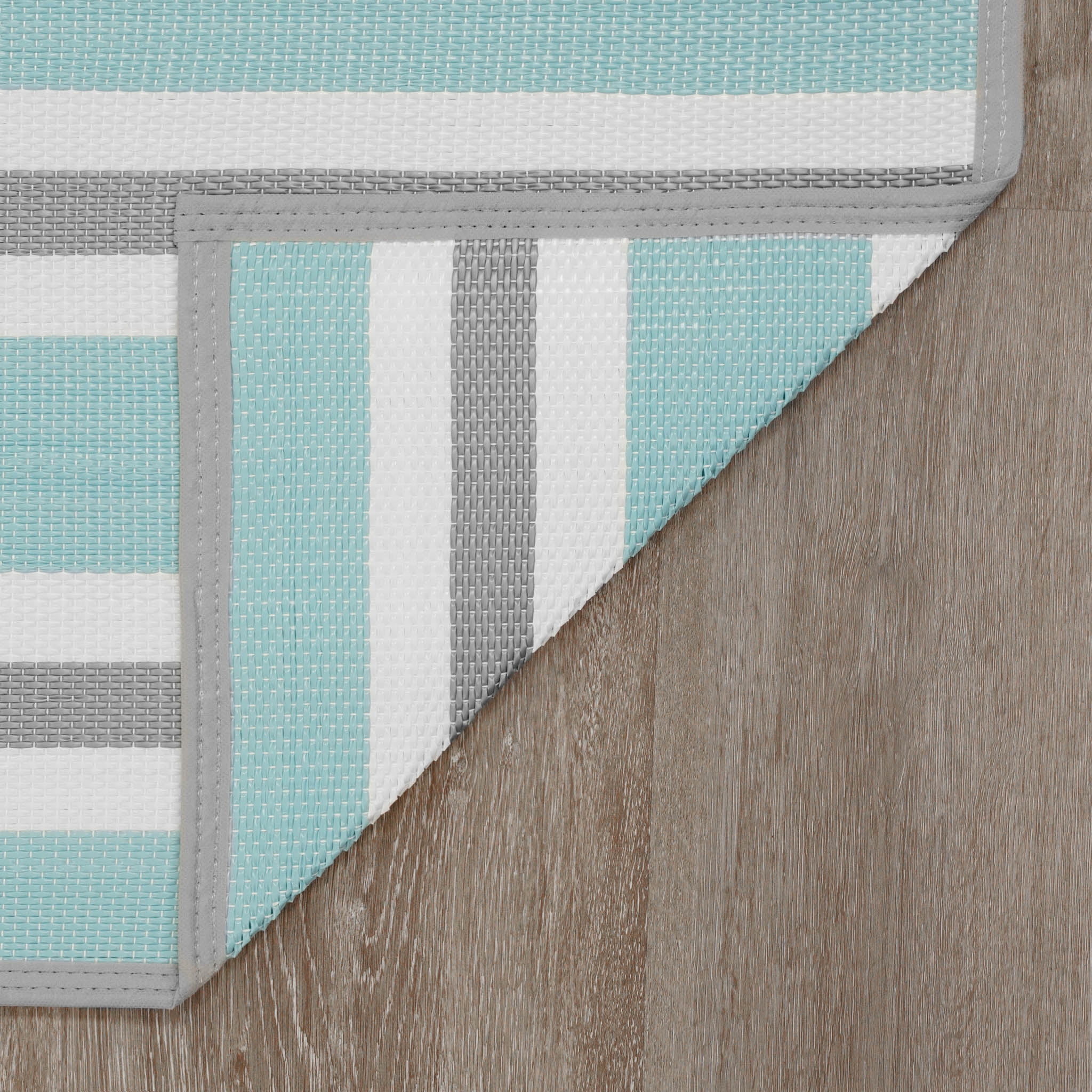 Luna Contemporary Stripe Sky and Gray Polypropylene Reversible Plastic Straw Outdoor Area Rug, 8'11'' x 11'10'' Rectangle