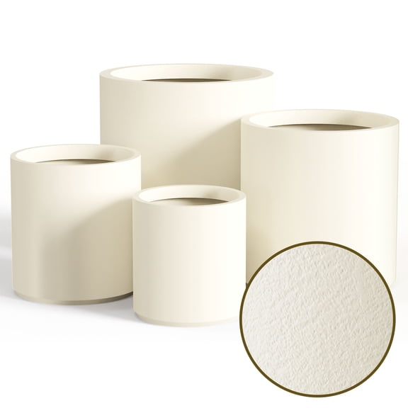 FOUKUS 6.9",8.7",10.6",13.4" Dia Round Concrete-like Plastic Planter Set of 4, Modern Style Large Cylindrical Plant Pot with Drainage Hole for Indoor Outdoor Patio, Beige