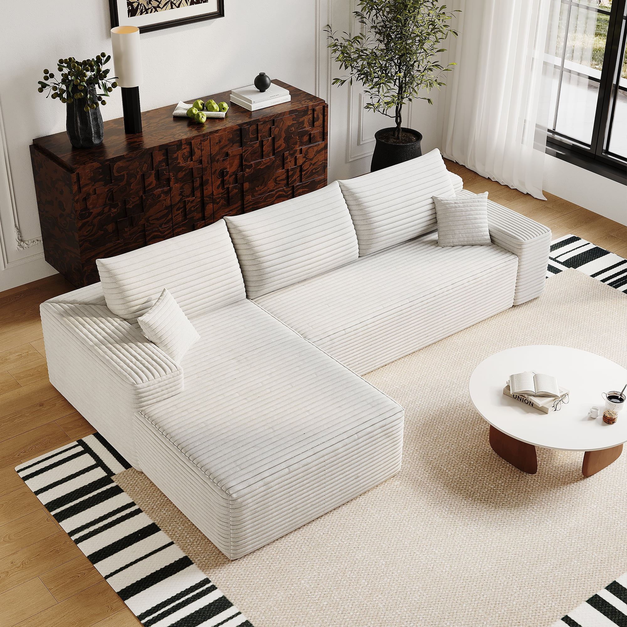MAYEERTY 107" Cloud L-Shaped Modular Sectional Sofa with Left Facing Chaise, Plush Corduroy Deep Seat 3-Seater Couch, Cloud Sofa for Living Room, Apartment & Bedroom, No Assembly Required, White