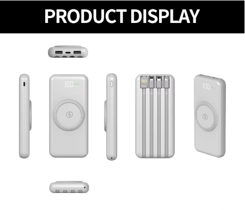 Power Bank with Built in Cables 20000mAh Wireless Charger Fast Charging Large Capacity White