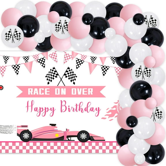 Racing Car Birthday Party Decorations for Girls with Race on Over Backdrop, Pink Balloon Garland Kit for Kids Birthday Party Supplies, Girl Racing Car Birthday Baby Shower Party Decorations