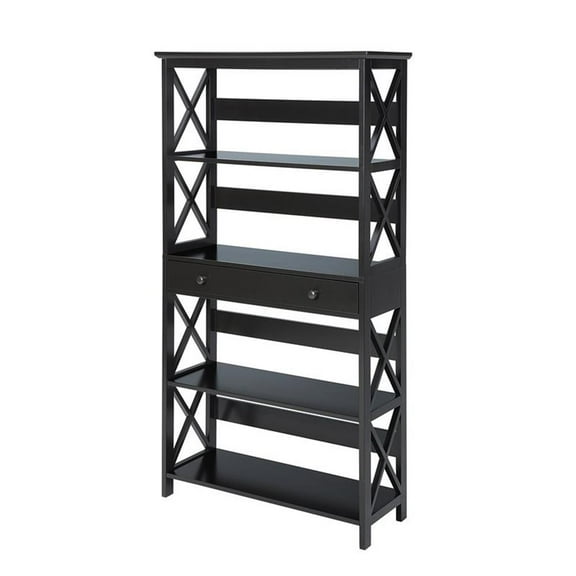 Pemberly Row 5 Tier Bookcase with Drawer in Black Wood Finish