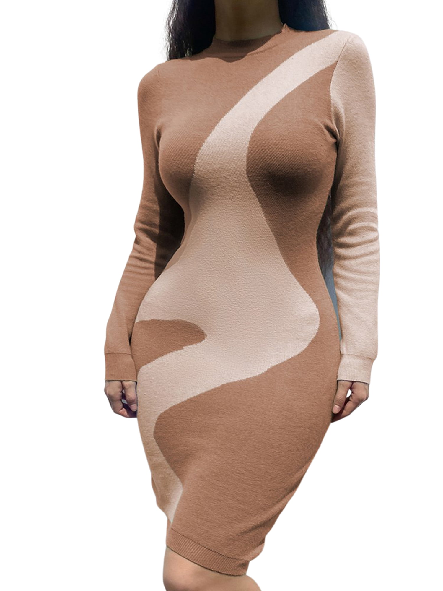 Women Ribbed Long Sleeve Sweater Dress 