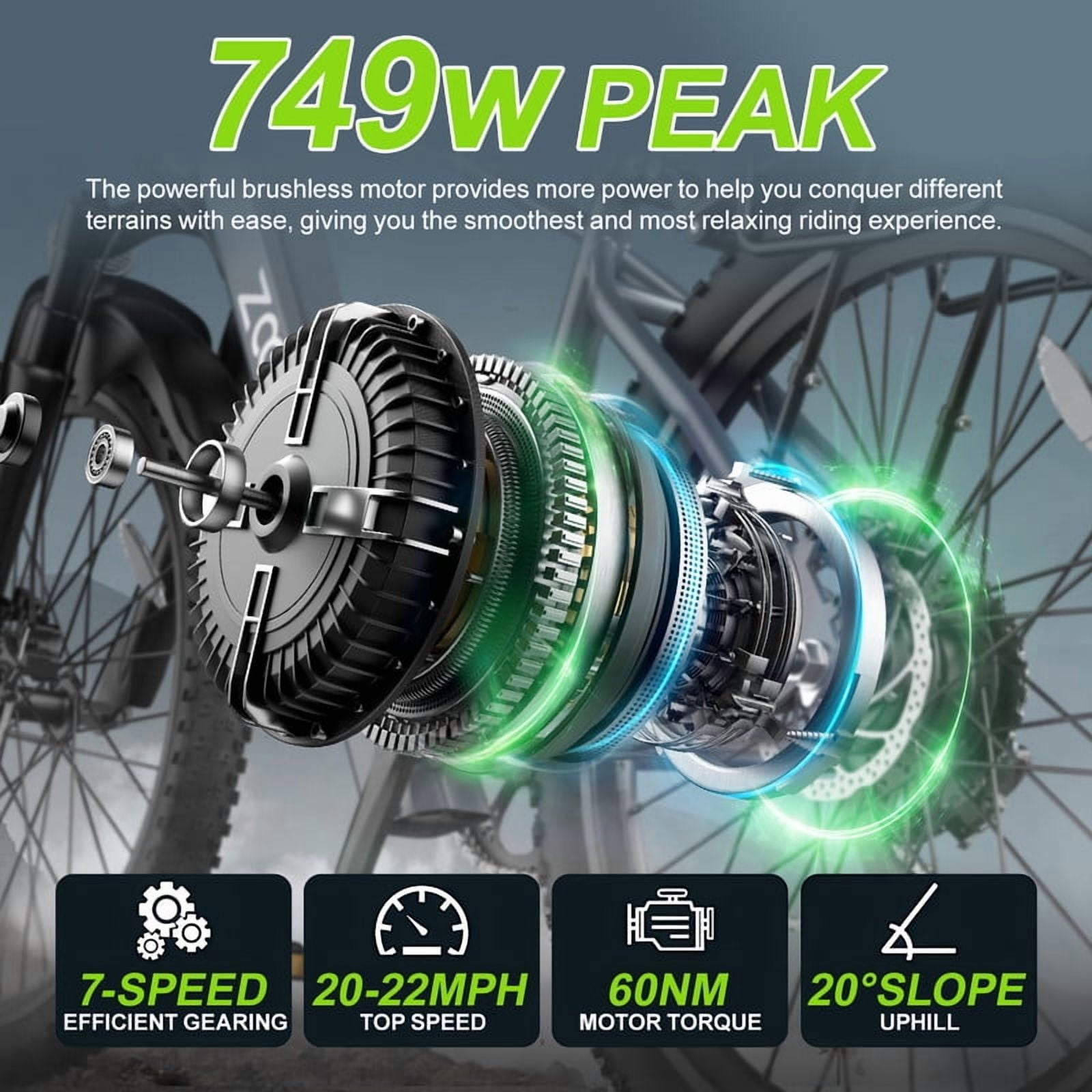 26" Electric Bike for Adults, 749W Motor, 22MPH, 40 Miles Range, 7-Speed Commuter City E-Bike