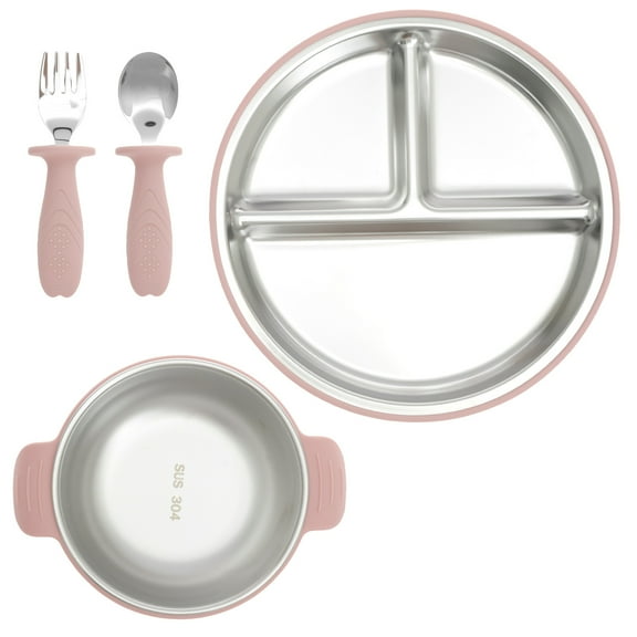4 Pcs Baby Feeding Set Includes Plate Bowl Fork and Spoon Dishwasher Safe Baby Weaning Set to Develop Self Feeding Skills