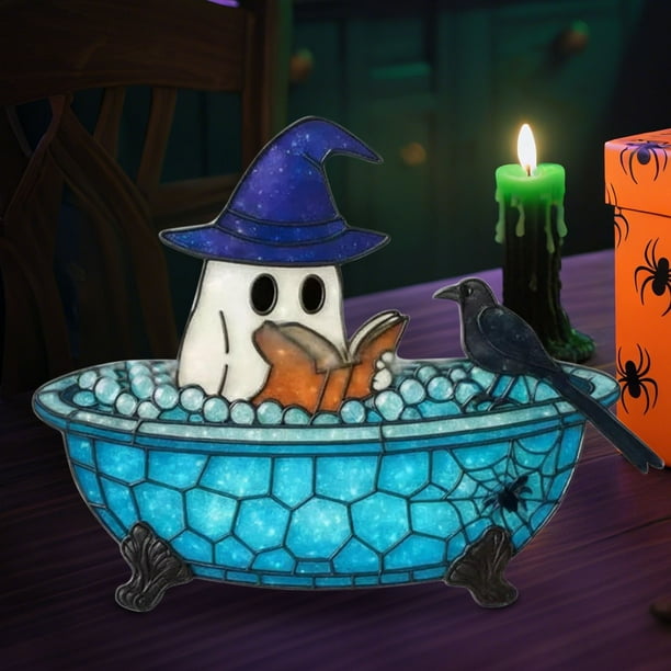 Decoración de Halloween: Lámpara de Mesa con Forma de Fantasma para El Baño | Adorno para Chimenea, Escritorio o Estantería con Forma de Fantasma Leyendo | Luz Led | Base de Bañera con Patas de Garra