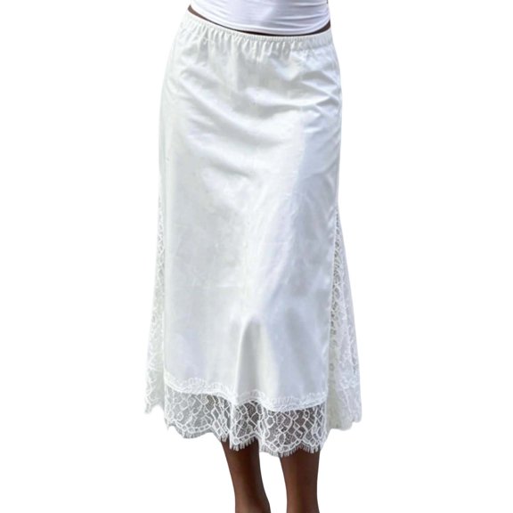 LMLYSoH Women's Satin Midi Skirt Elegant Solid Color Lace Trim Loose Fit Knee Length Skirt for Party Work Daily Wear