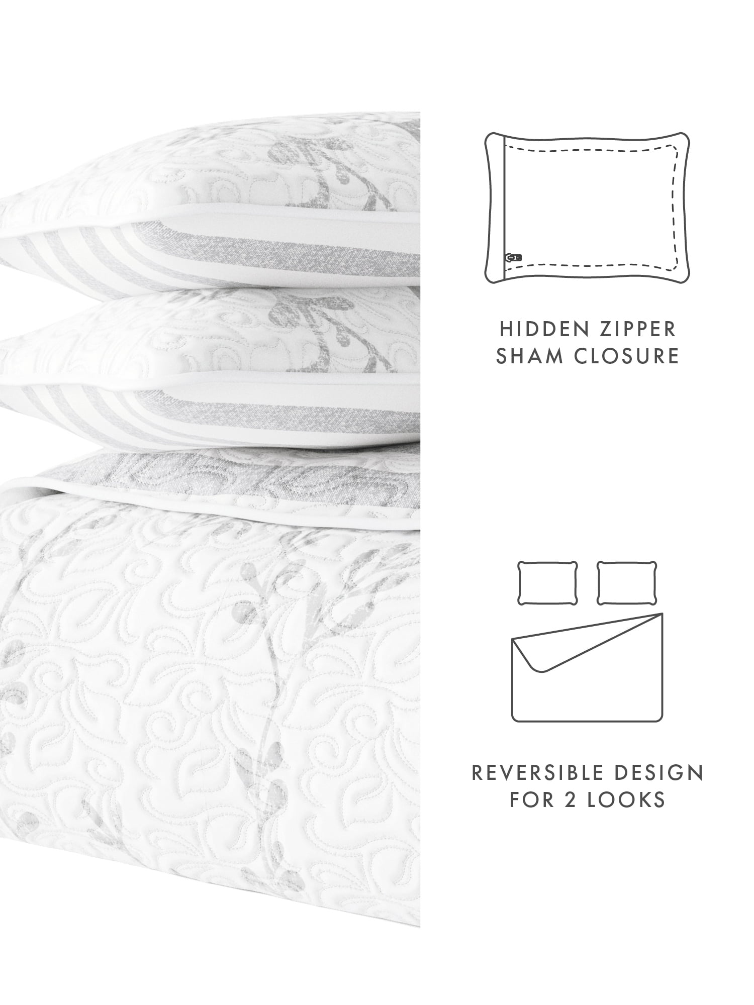 Comfort Canopy - Light Gray Reversible Silhouette Leave Pattern Stitched Quilt Coverlet for King Size Beds