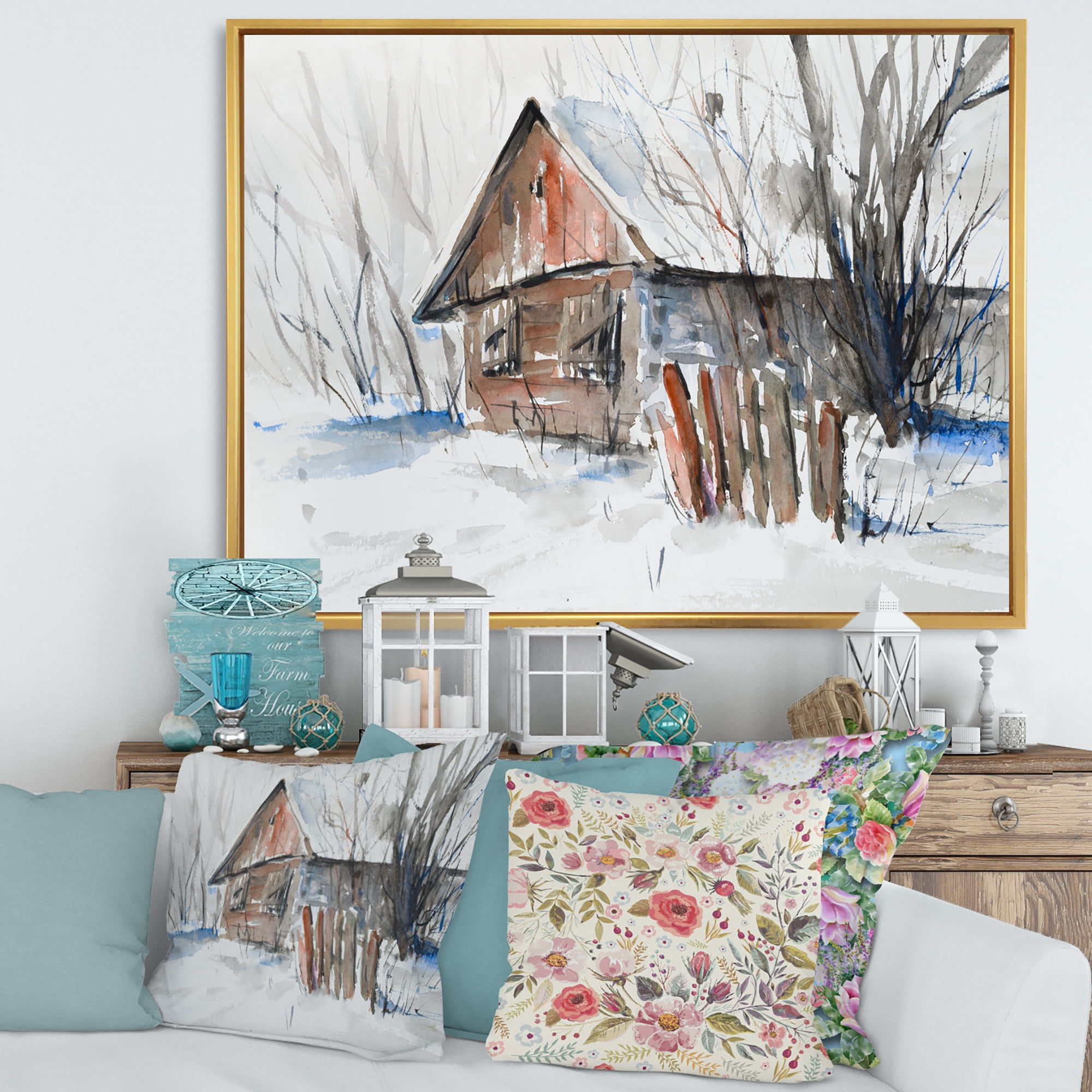 Designart 'Old Abandoned Wooden House In Winter Snow Picture' Traditional Framed Canvas Wall Art Print