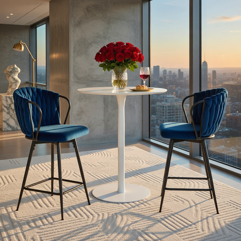 Hommoo 2-Pack Modern Velvet Bar Stools with Woven Rope Backrest & Black Metal Frame, Counter Height Kitchen Island & Home Bar Seating, Blue
