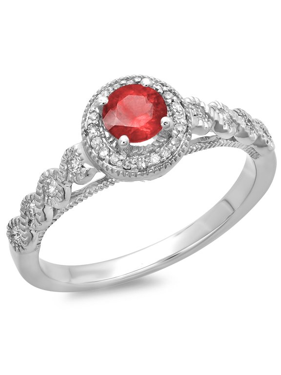 Collection 14K Round Ruby & White Diamond Vintage Millgrain Halo Engagement Ring, White Gold, Size 5