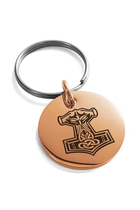 Stainless Steel Mjolnir Thor's Hammer Viking Norse Engraved Small Medallion Circle Charm Keychain Keyring
