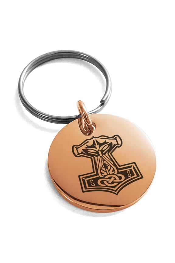 Stainless Steel Mjolnir Thor's Hammer Viking Norse Engraved Small Medallion Circle Charm Keychain Keyring