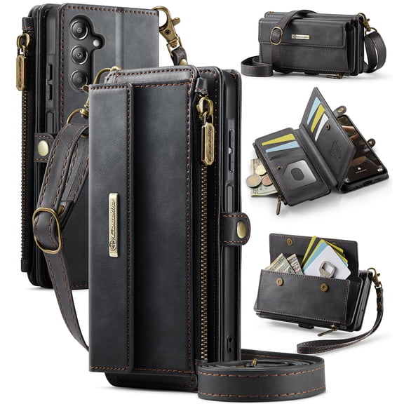 Decase Wallet Case for Samsung Galaxy A15,Magnetic Flip Zipper Pocket PU Leather Phone Cover,Crossbody Flip Cover with RFID Card Slots,Black