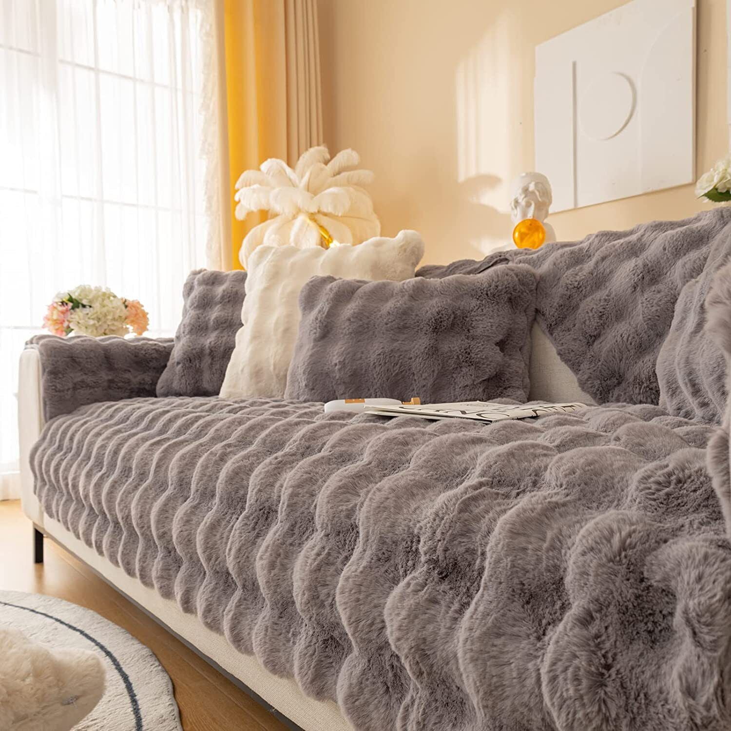 EJWQWQE Thick Rabbit Plush Sofa Cushion, New Non-Slip Sofa Cover Super Soft  Faux Throw Couch Cushion Covers Furniture Protector (Sofa Cushion 70x210