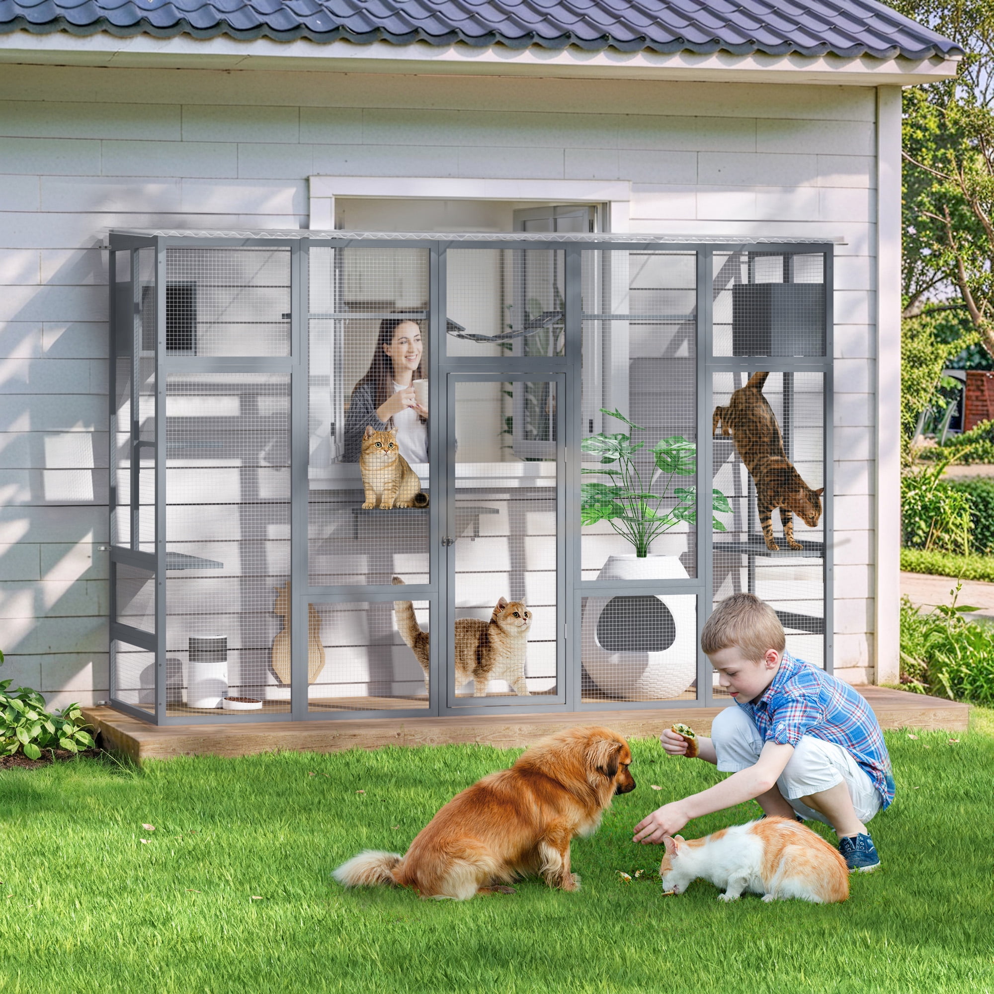 COZIWOW Catio Outdoor Cat Enclosure, 104" L Large Catio for Indoor Cats Window Access, Wooden Cat House